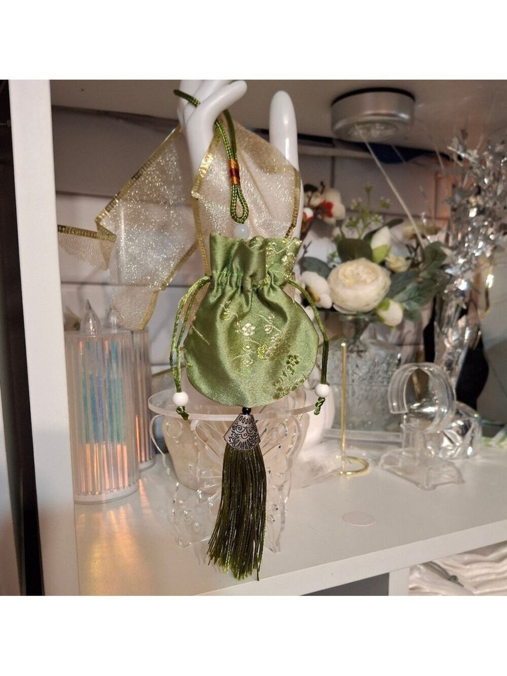 Green Silky Drawstring Pouch with Tassel Set Of 3 New